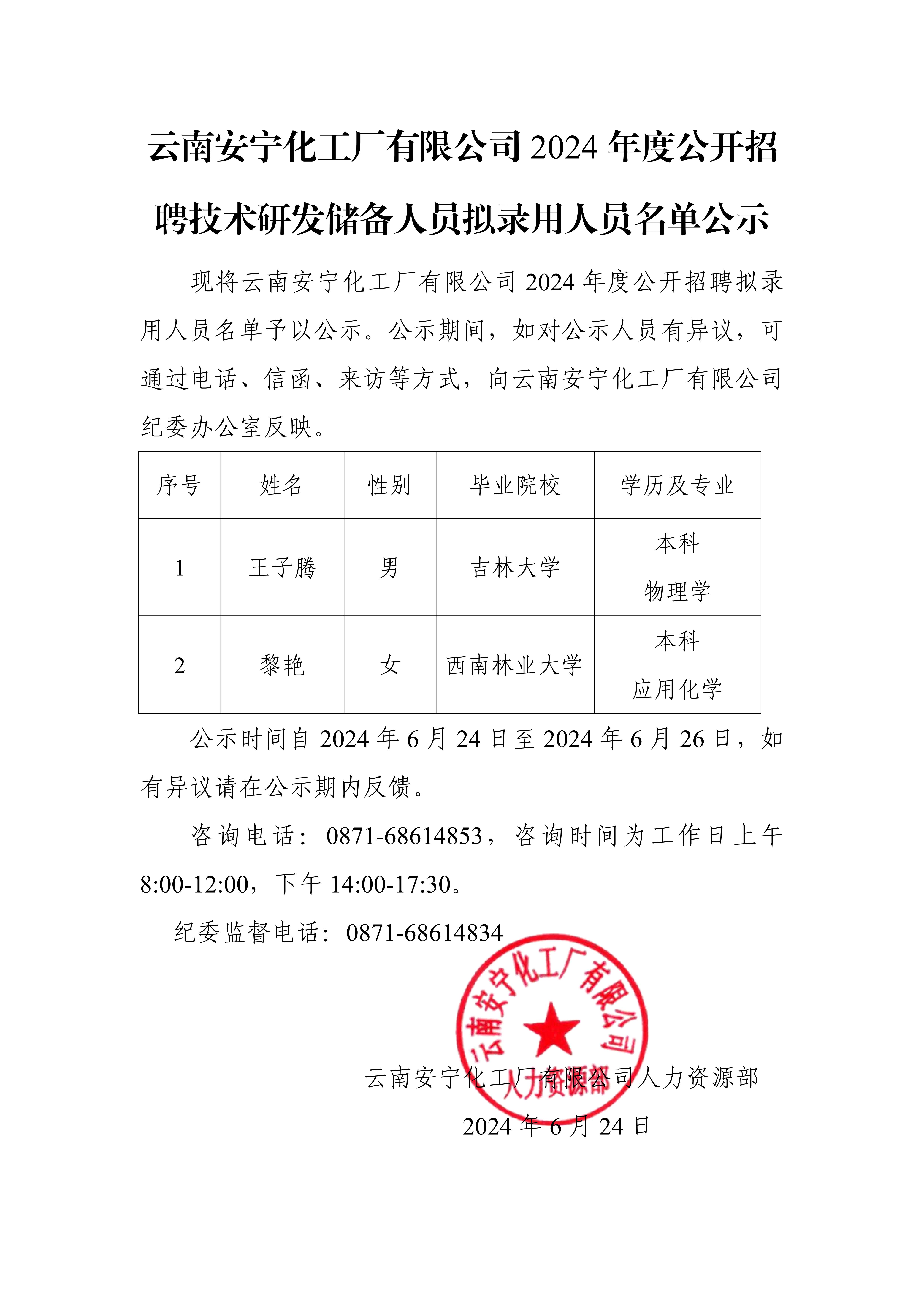 【公示】云南安寧化工廠有限公司2024年度公開招聘技術研發儲備人員擬錄用人員名單公示